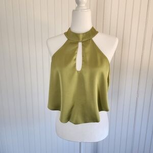 LULUS Green Contemporary Satin Halter Neck Tie Cut Out Sleeveless Top Medium